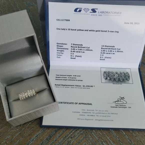 1 CTW 10k YG and WG Tiered Diamond 3 rows - Picture 2 of 15